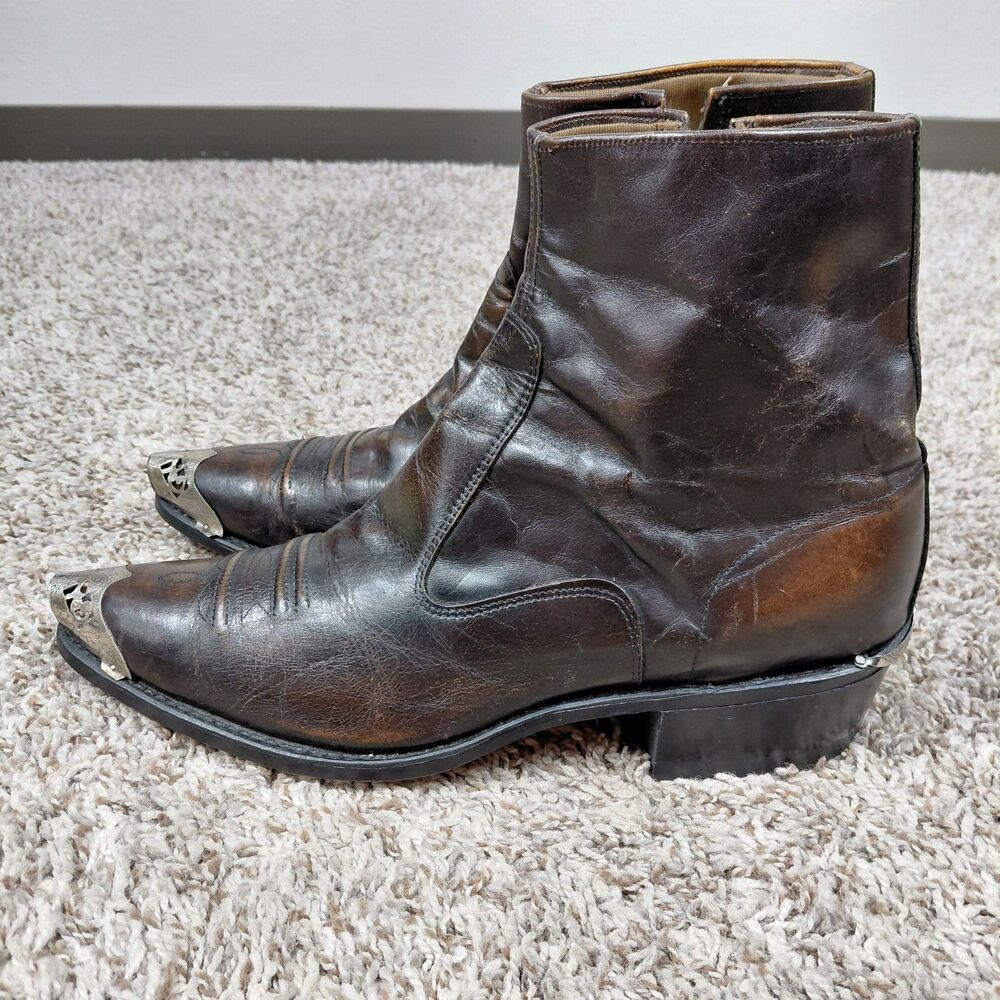 Vintage Acme Leather Ankle Western Boots Mens 13 B Brown Side Zip Metal Toe Cap